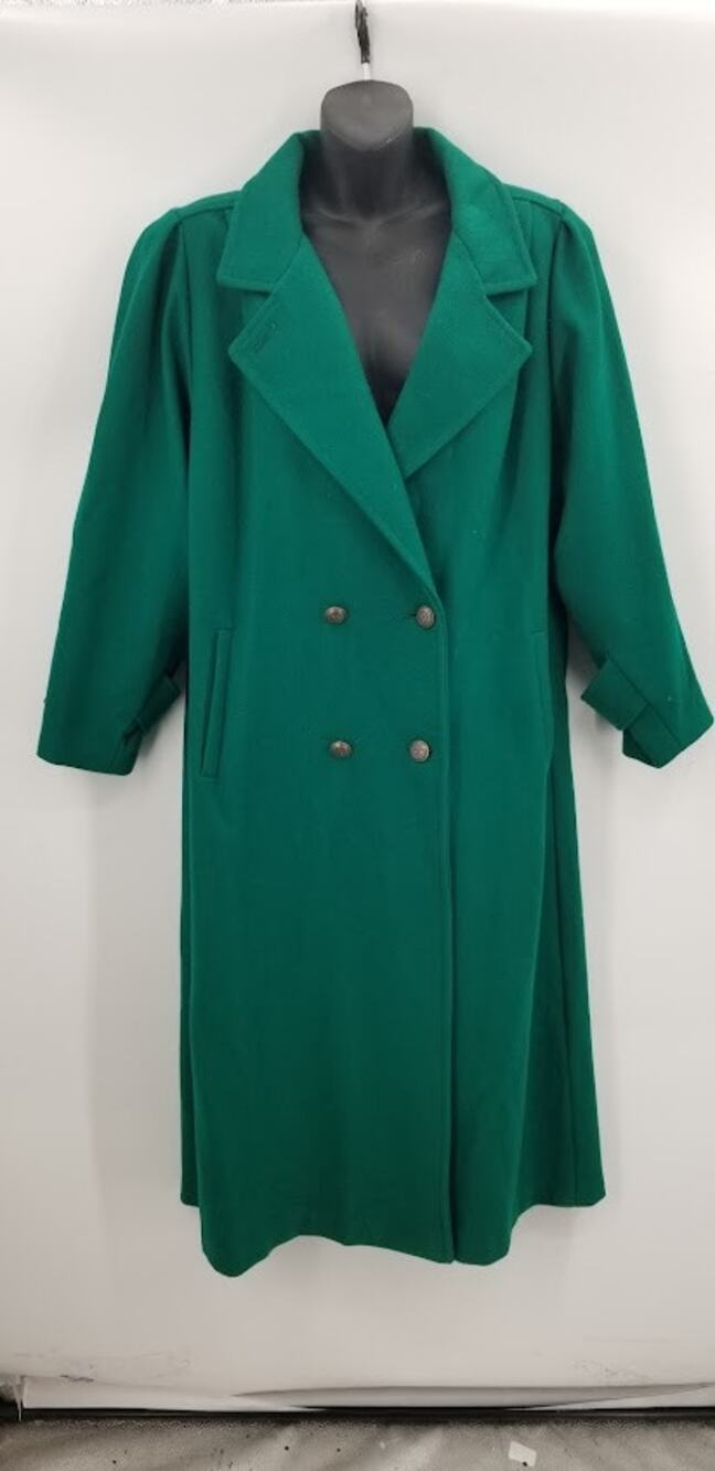 Vintage Jofeld Green Wool Trench Coat Jacket Pock Brass Button Long Sleeve L/XL